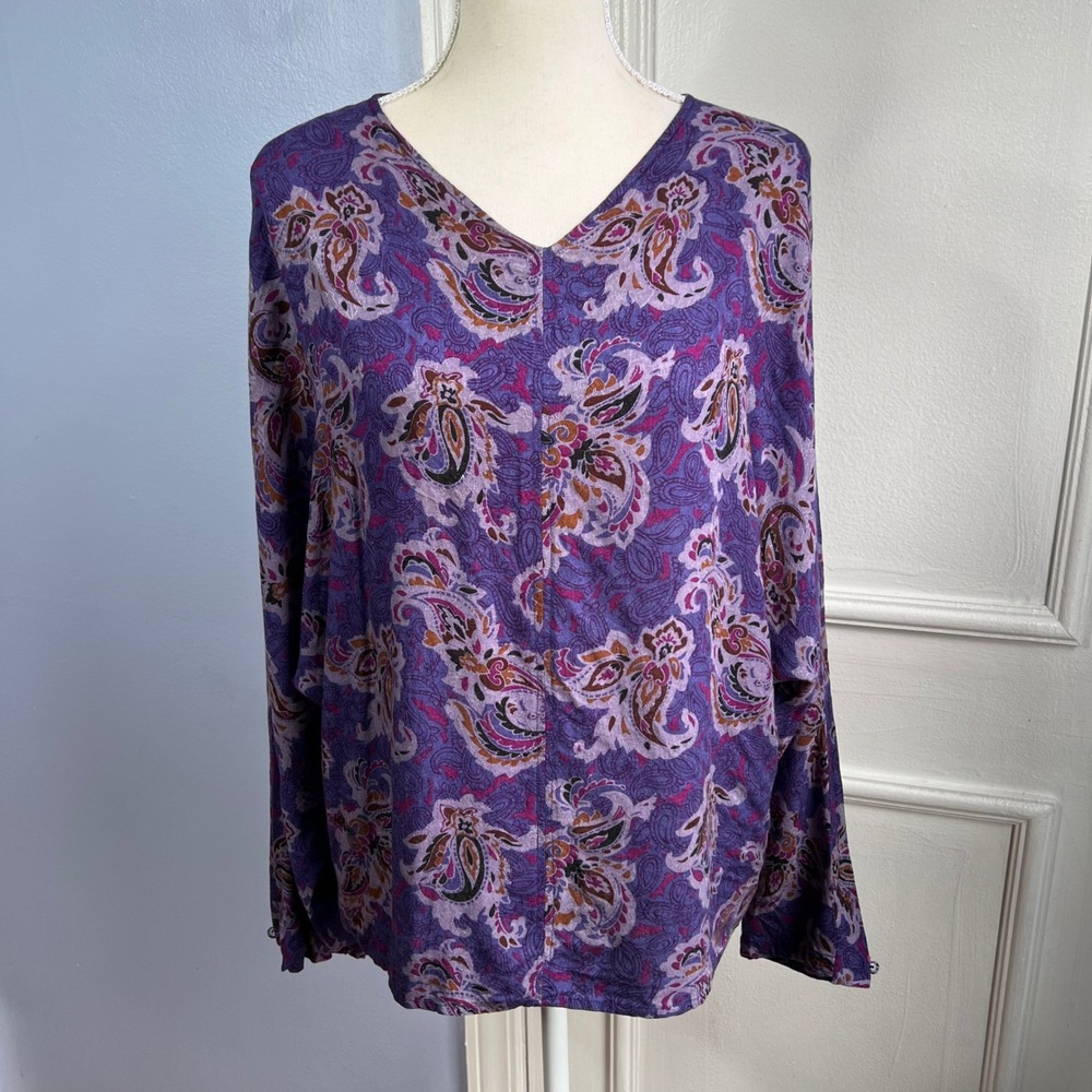 80s Vintage Christian Dior Blouse Batwing Sleeve Purple Paisley Women's Size 14